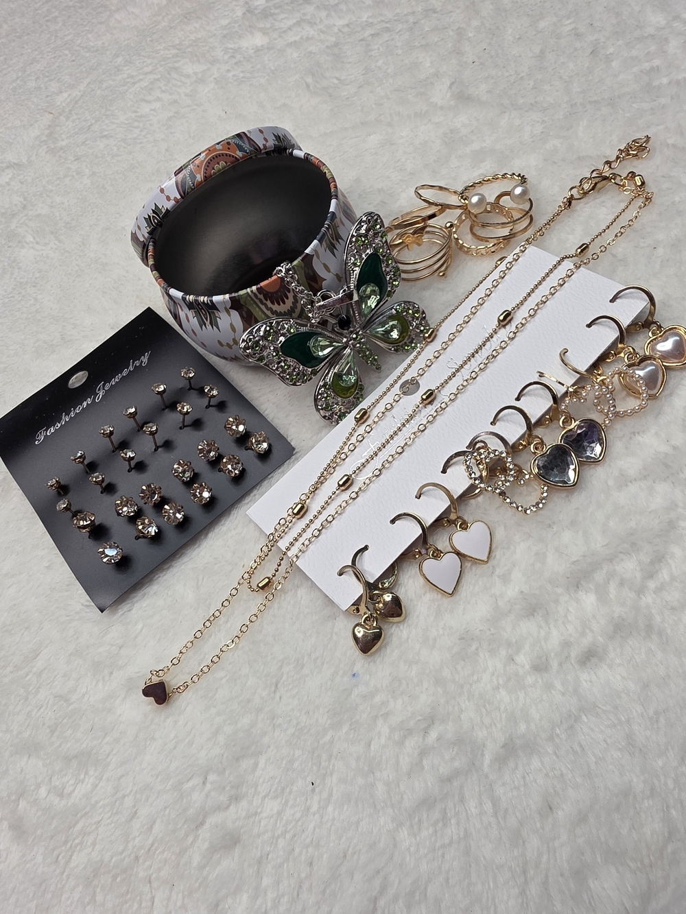 Gold-Tone Heart Charm Necklace and Earring Set -